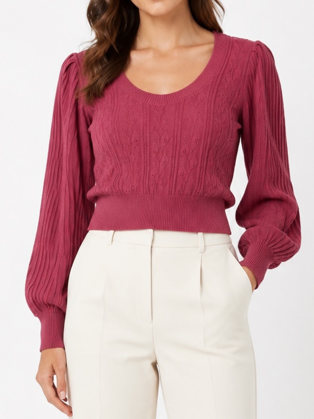 Anthropologie PAIGE Artemisia Cable Sweater NEW Balloon Sleeve Cotton Silk LARGE